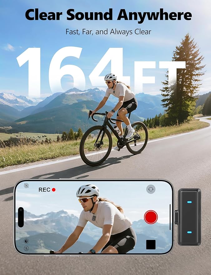 Dual Receivers Mini Microphone for iPhone, iPad, Android, Wireless Lavalier Microphone with Intelligent Noise Reduction, 48H Battery Life, 164FT, Double Lav Mics for Video Recording, YouTube, TikTok