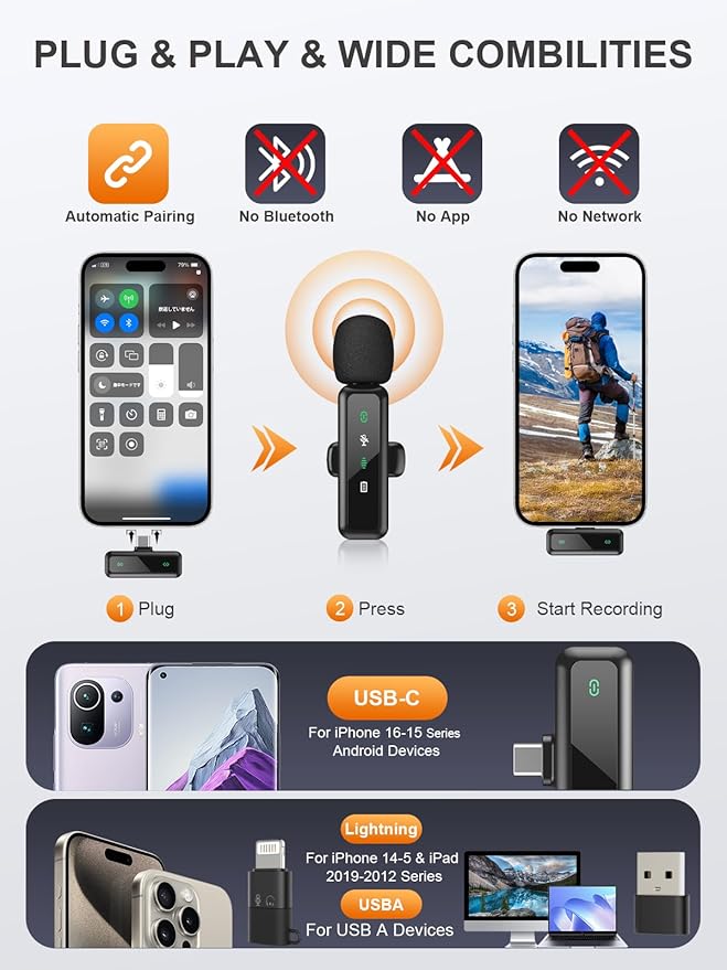 USB C Wireless Lavalier Microphone for iPhone 15/16, Mini Lav LED Mic for Android Phone with Noise Cancelling, Lapel Podcast Microphone for Tiktok Content Creator Video Recording, Streaming, Vlogging