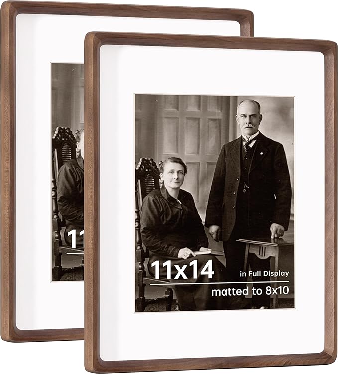 11x14 Wooden Picture Frames USA-Sourced Natural Walnut Solid Wood Photo Frame Handcrafted Rounded Corner with Mat to 8x10 Picture Frame Vintage Display with Real Glass Family Picture， 2 Pack