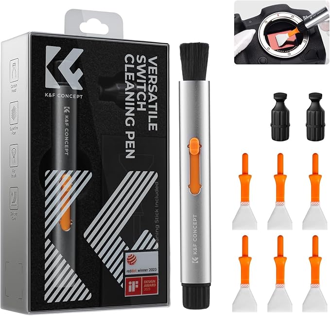 K&F Concept® Versatile Switch Lens Cleaning Pen, Replaceable Pen Tip with Cleaning Brush+Carbon Tip*2+16mm APS-C Cleaning Swab*6 for Camera Filters Screen Phone Computer Tablet AR VR Glasses