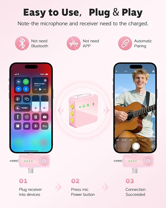 Wireless Lavalier Microphone for iPhone, Android, Cameras - Mini Microphone with Noise Reduction, 328FT Transmission and 40H Battery Life, 4 Mic for Video Recording, TikTok and YouTube (Pink)
