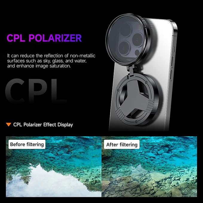 Anti-Glare Magnetic Phone Filter,2"/52mm Cpl Anti-Reflection Polarizing Filter,Quick Mount,Foldable Portable Polarizing Lens Attachment,Anti-Glare, Reduces Reflections Enhances Colors (2Pcs)
