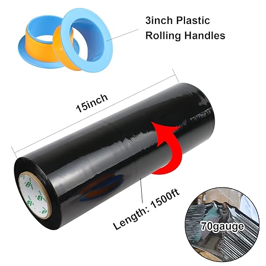 BOMEI PACK 2 Pack 1500ft Industrial Black Stretch Wrap Film 70 Gauge 15" with 3inch Plastic Rolling Handles for Pallet Wrap, Durable Self-Adhering Packing, Moving, Heavy Duty Shrink Film
