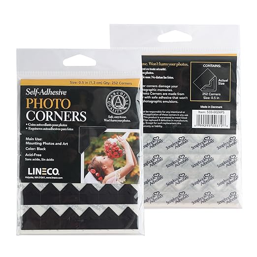Lineco Self-Adhesive Photo Corners, Archival Quality Acid-Free Pressure Sensitive, 0.5 Inch, Useful for Scrapbooking Mounting on Mat Boards DIY (Pack of 252) Black