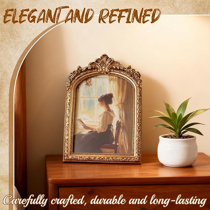3 PCS Vintage Picture Frames 4x6, 5x7, 6x8 Inch Wall & Tabletop Picture Frames Antique Baroque Ornate Gold Arched Photo Frame Set with Stand and Haning Hook for Home Decor Photography Props Gifts