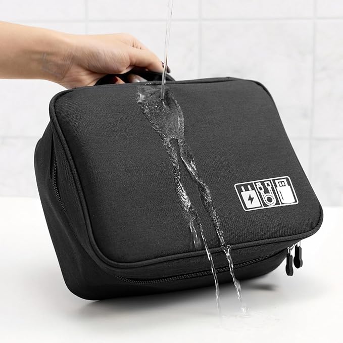 Cable Organizer bag for women or men,Electronic Accessories Carry Case Portable Waterproof Double Layers All-in-One Storage Bag for Cord, Charger, Phone, Earphone (Black)