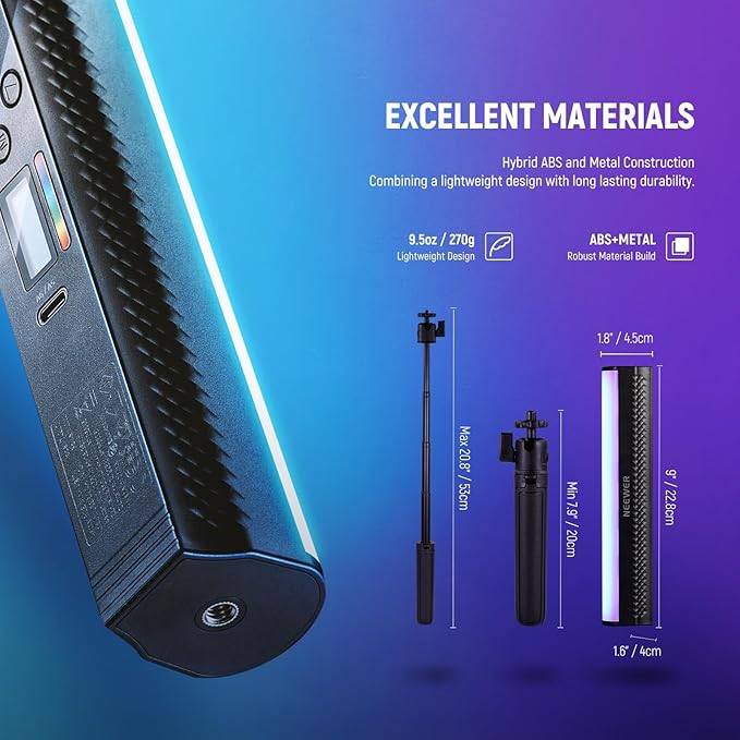 NEEWER RGB Light Wand with Desk Tripod, Magnetic Handheld Photography Video Lighting Stick, 2500K-8500K Dimmable CRI95+ Full Color LED Tube Light Bar, 2550mAh Battery 17 Scenes for Vlog TikTok, TL20C