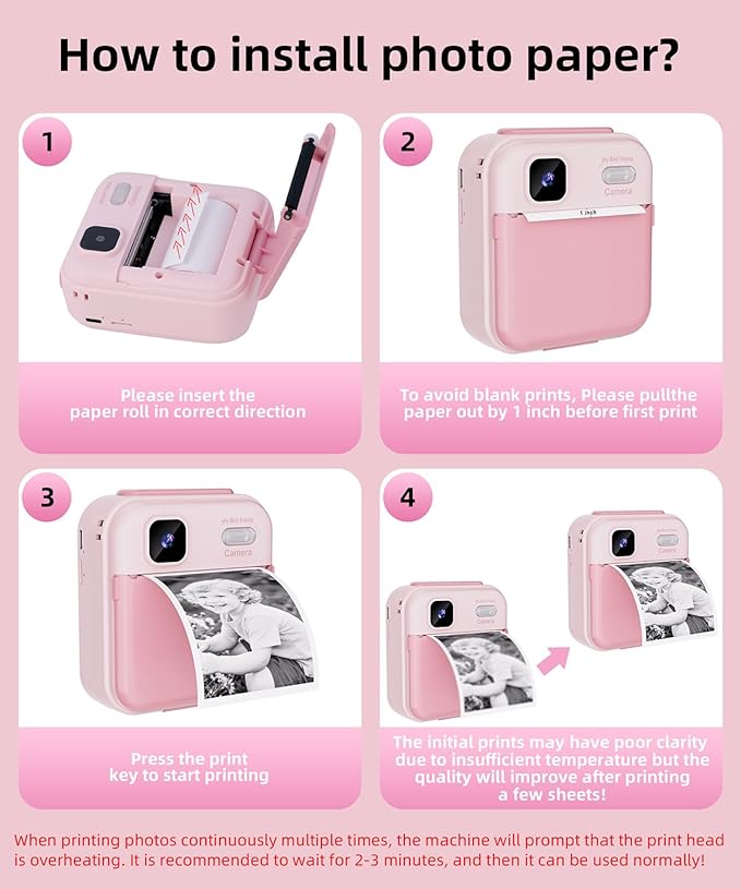 Kids Camera Instant Print for Boys and Girls, 48MP HD Cameras w/1080P Video, Print Paper, 32GB Card, Brush, Christmas Birthday Gifts Toys for Toddler and Teenagers Age 3-16 Years Old (Pink)