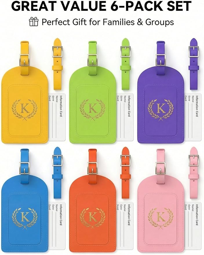Initial Luggage Tags - Letter K - 6 Pack Vegan Leather Travel Bag Tags with Privacy Cover & Stainless Steel Buckle, Personalized ID Labels for Suitcases & Travel, Multicolor (Style K)