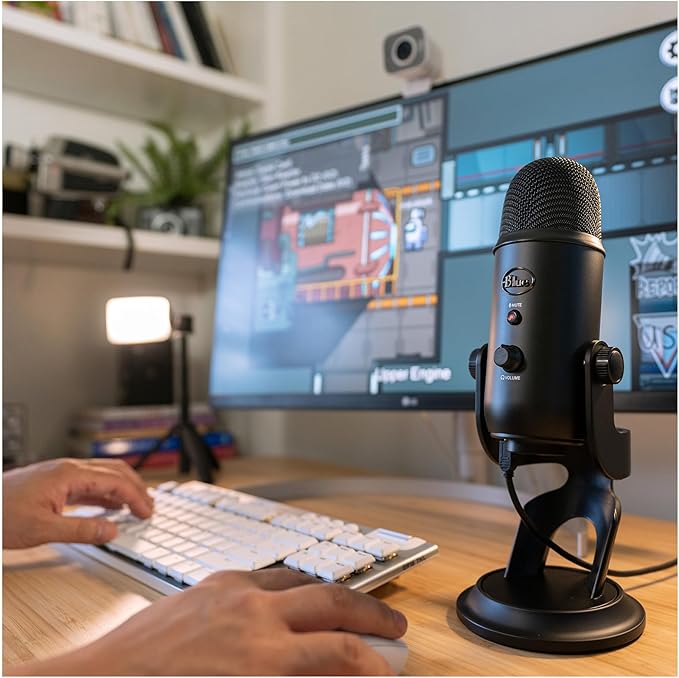Blue Microphones Yeti Blackout USB Microphone Bundle with Desktop Boom Arm Microphone Stand, Closed-Back Studio Monitor Headphones and Pop Filter (4 Items)