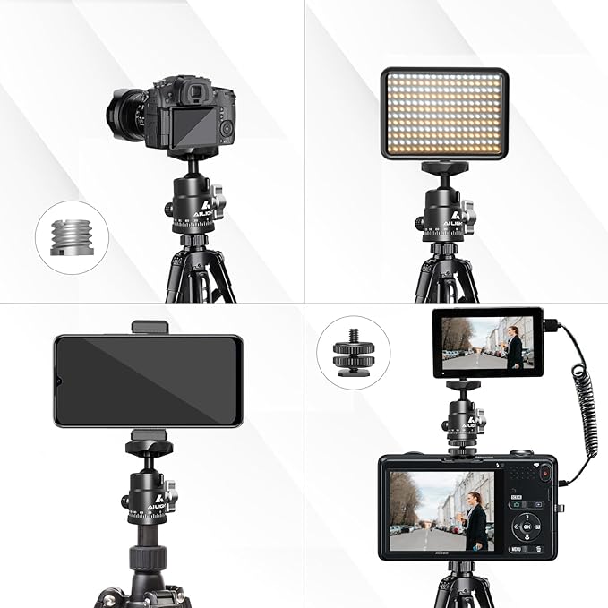 Ailight Mini Ball Head, 360° Panoramic Tripod Head, Universal 1/4" to 3/8" Screw Adapter Swivel Mini Ball Head Screw Tripod Mount, Dual Cold Shoe Mount for DSLR Cameras Camcorder（4 Pack