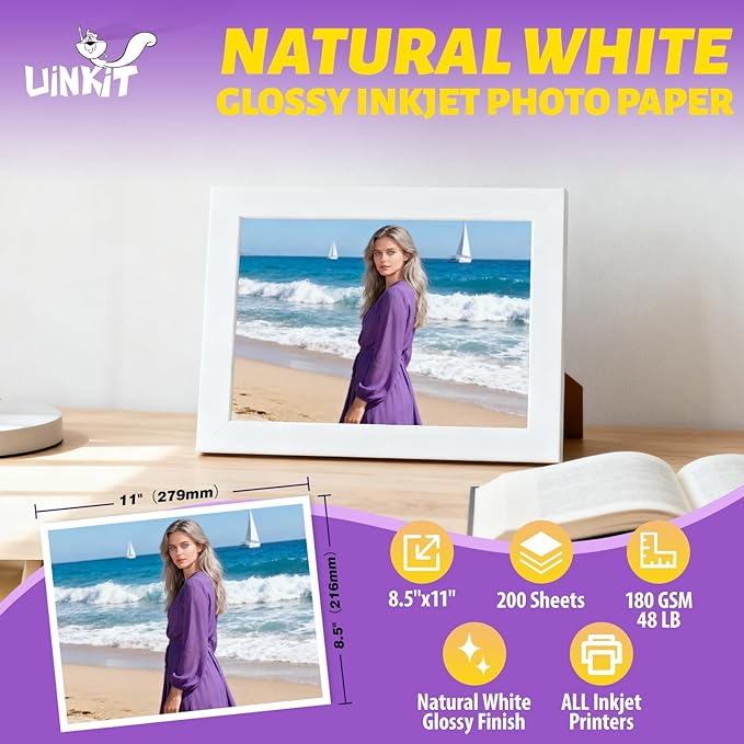 Uinkit Bright White Single Sided Glossy Photo Paper - 8.5x11 Letter Size 180gsm (48lb), 200 Sheets Bulk Pack Instant Dry Dye Inkjet Paper, Smudge Resistant Professional Printing Papers Bulk Use