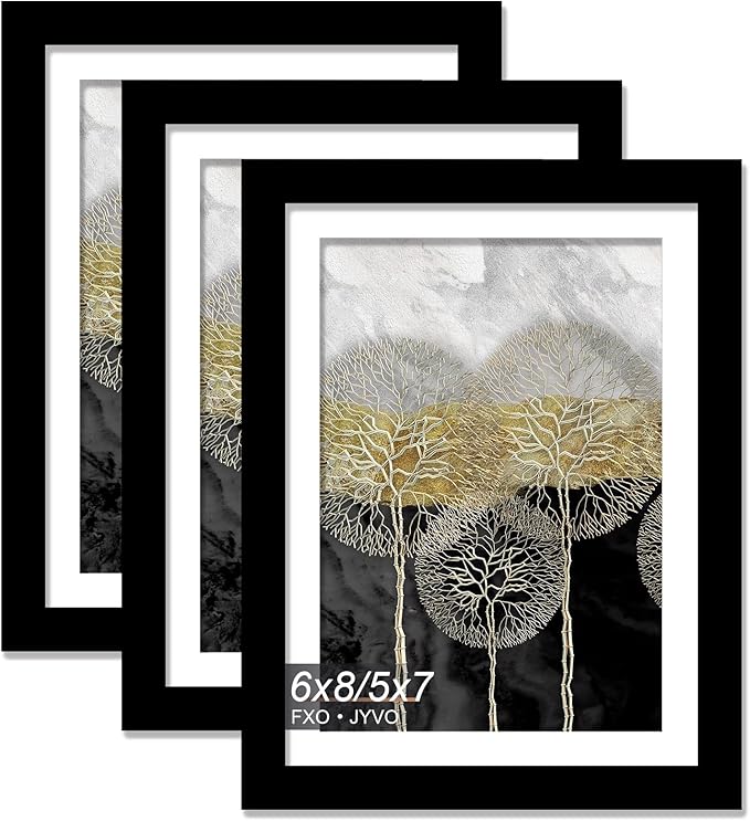 6x8 Picture Frame Set of 3, Display Photo 5x7 with Mat or 6 x 8 Without Mat, Light Weight and High Transparent 6 by 8 Frame for Wall - 3 Pack/Black/6"x8"