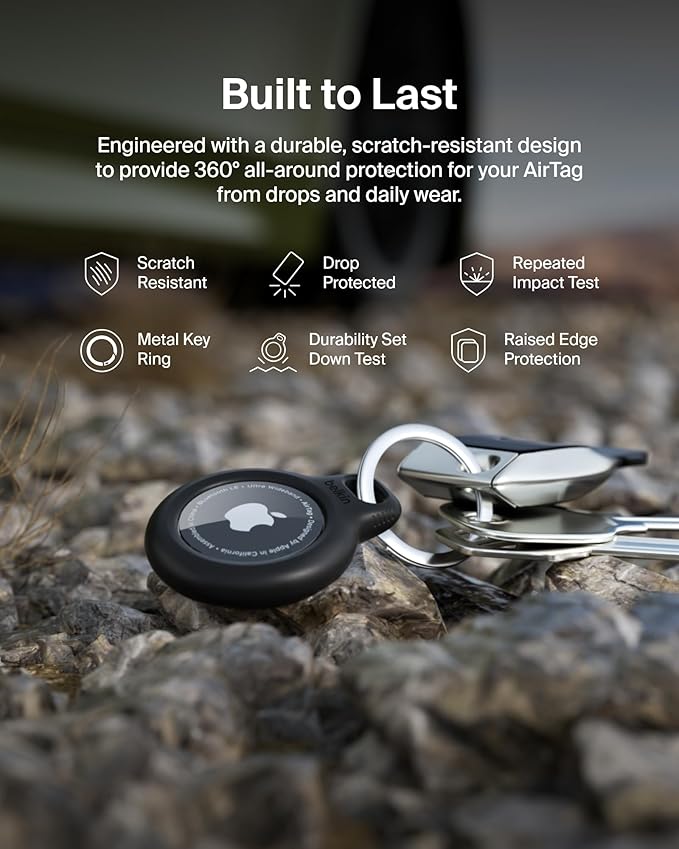 Belkin Apple AirTag Secure Holder with Key Ring - Durable, Scratch-Resistant Case with Open Face & Raised Edges - Protective AirTag Keychain Accessory for Keys, Pets, Luggage, & More - Black