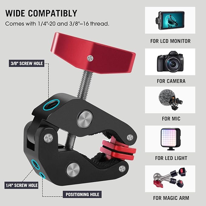 Came-TV Super Clamp Camera Mount with 1/4" and 3/8" Thread Holes, Aluminum Crab Clamp Mount with Locating Holes/Rubber Pads for Most Photographic Accessories, Max. Load 8.8lbs (64003B)