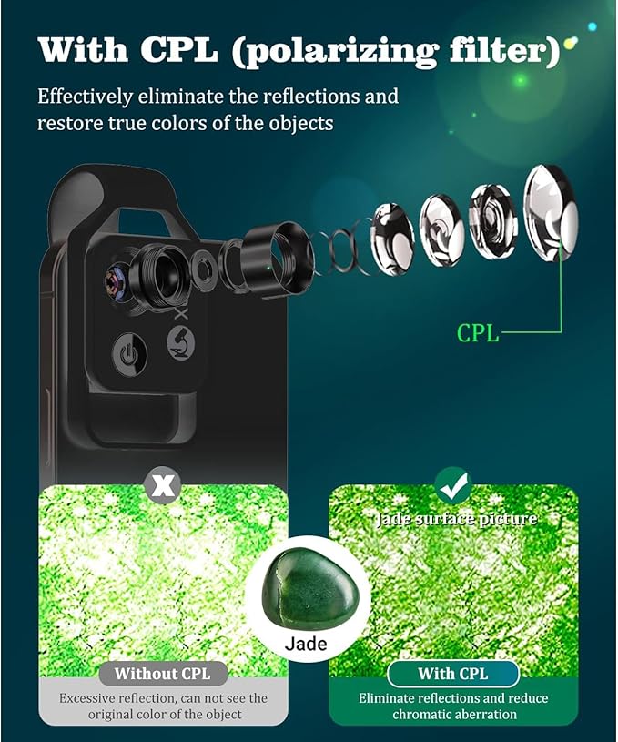 FLEXMAN 200X Phone Pocket Microscope with CPL Lens, USB Rechargeable Portable Digital Microscope Camera Attachments with Universal Phone Clip for Smartphones, Gardener, Watch, Jewelry(Black)