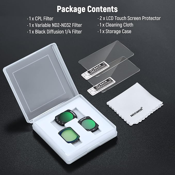 NEEWER Magnetic ND Filter Set Compatible with DJI Osmo Pocket 3 Creator Combo Accessories, Variable Neutral Density ND2-32 CPL Polarizing Black Diffusion 1/4 Effect Filter, 2 Screen Protectors