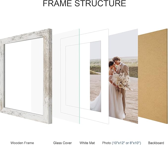 10x12 Picture Frame Set of 4, Made of Real Glass and Distressed White Frame - Display Picture 8x10 with Mat or 10x12 Without Mat, 10 by 12 Photo for Wall Mounting