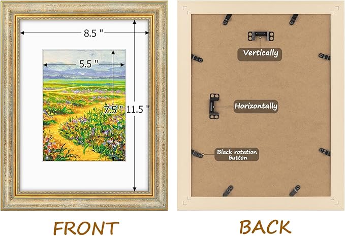 Golden State Art,9x12 Ornate Picture Frame for 6x8 Photo with Mat or 9 x 12 Prints without Mat, Real Glass Wall Display Horizontally or Vertically (Color:Vintage Gold)