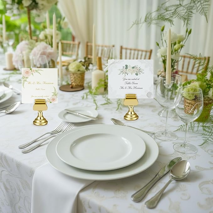 Kathfly 48 Pcs Metal Table Number Holders 1.7 Inch Gold Mini Place Card Holders Bulk Harp-clip Table Sign Stands Card Holder Display Picture Memo Notes Menu for Weddings Restaurants Birthday Decor