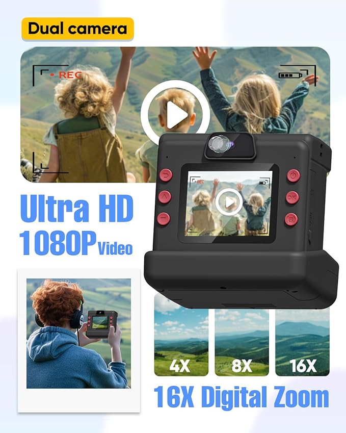 Instant Print Camera for Kids,Dual Len Kids Cameras with 2.4 Inch Screen, Christmas Birthday Gifts for Girls Age 3-12, Portable Toddler Toy for 3 4 5 6 7 8 9 10 Year Old Girls Boys (Black)