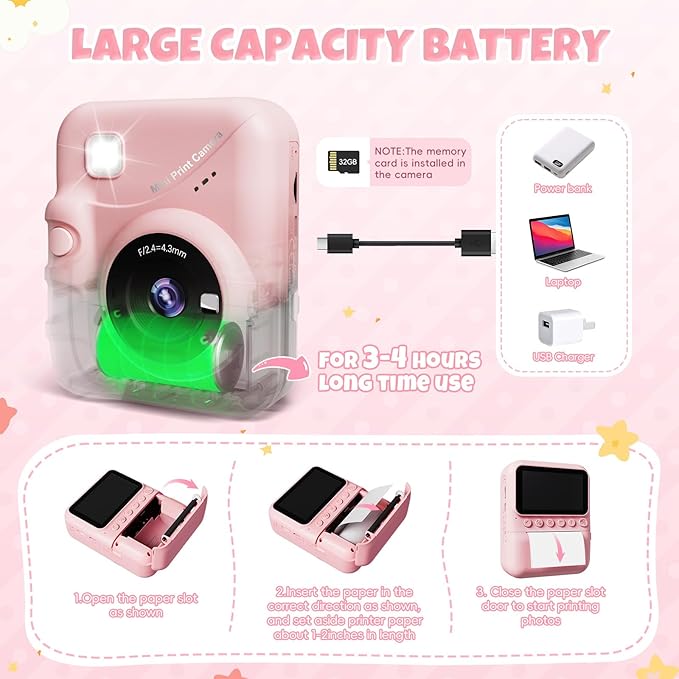 Kids Instant Print Camera, 3.0'' Screen, 48MP Photo, 1080P HD, Gift for 3-12 Year Old Girls & Boys (Pink) with 32GB Card