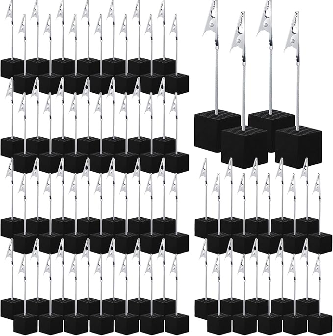 Gersoniel 100 Pcs Cube Base Memo Clip Holder with Alligator Clip Wood Table Number Holder Cube Base Place Card Stand Mini Photo Menu Stand for Displaying Number Card (Black)
