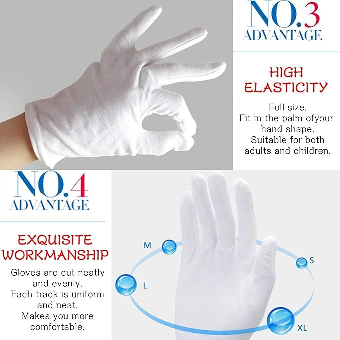 YITIAOYU 24pcs Soft Cotton Gloves for Dry Hands, Overnight Eczema Moisturizing Lotion Treatment Reusable Work Gloves for Coin Jewelry Silver Archival Costume Inspection (Medium, White)