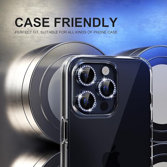 Choiche Compatible for iPhone 15 Pro/iPhone 15 Pro Max Camera Lens Protector Bling, 9H Tempered Glass Camera Cover Screen Protector Metal Ring Decoration Accessories (Diamond-Blue)