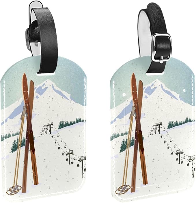 2 Pack Winter Ski Moutain Luggage Tags for Suitcases PU Leather Travel Tags Bag Tags Privacy Protection