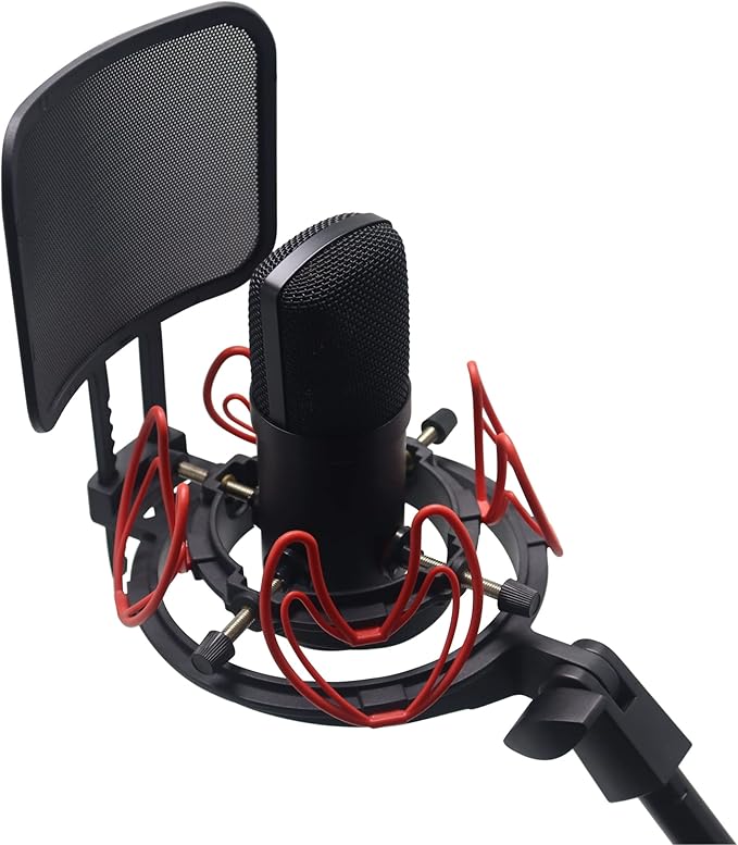 Universal Microphone Shock Mount with Pop Filter for Condenser Microphones Size at 21-62mm Anti-Vibration Mic Holder Clip(Red)