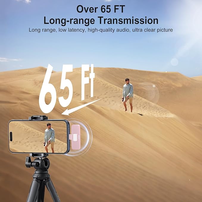 PoP voice Pink Wireless Lavalier Microphone for iPhone/Android - Mini Clip-On Mic with Noise Cancellation, 65ft Range, 12H Battery, Lapel Mic for Record Video, Podcast Vlog Content Creator Interview