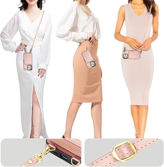 Bocasal for MagSafe Crossbody Wallet Case Compatible with iPhone 15 Pro Max, RFID Blocking Protective Purse Case with Card Slots Holder Kickstand Wrist Strap Lanyard Zipper 6.7 Inch 5G (Rose Gold)
