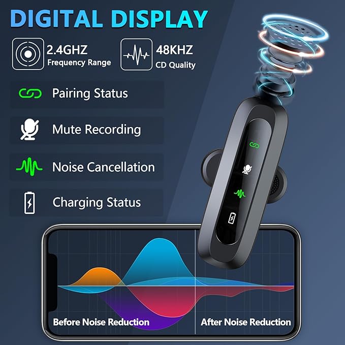 RICCHI Wireless Microphone for iPhone/iPad/Android Phone, 2 Pack Mini Microphone with Noise Cancelling & LED Display, Lavalier Microphones Clip on Lapel Mic for Video Recording, Vlog, Podcast, TikTok