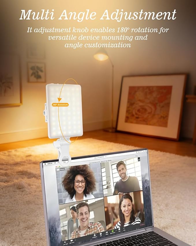 60 LED Portable Selfie Light Video Conference Lighting with Clip & Camera Tripod Adapter Rechargeable 2000mAh CRI 97+, 3 Light Modes for Phone iPhone Webcam Laptop Photo Makeup (Pure White)