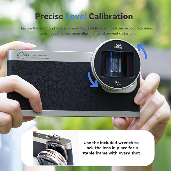 1.55x Anamorphic Lens Compatible with T Mount iPhone & Samsung - Cinematic Smartphone Lens with Ultra-Wide View, with APP Image Correction, Sci-Fi Blue Flare, and Enhanced Video Quality