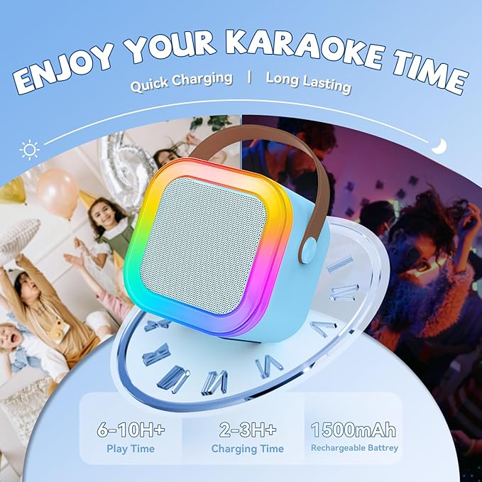 【2026 Newest】 Mini Karaoke Machine for Kids Girls & Boys - Portable Bluetooth Speaker with 2 Wireless Microphones - Kids Birthday Gifts for Ages 4-10 - Kids' Instrument Accessories - Blue
