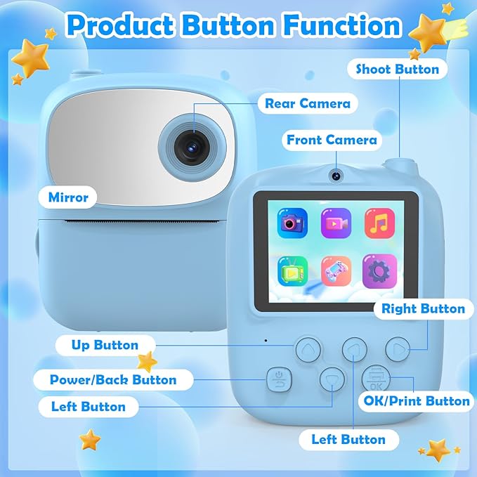 Kids Camera Instant Print for Kids, Kid Camera Instant with Mirror, HD Dual-Lens Selfie Digital Camera with 3 Rolls Print Paper & 32GB Card, Holiday Birthday Gifts Toys for Girls Boys Toddler.（Blue