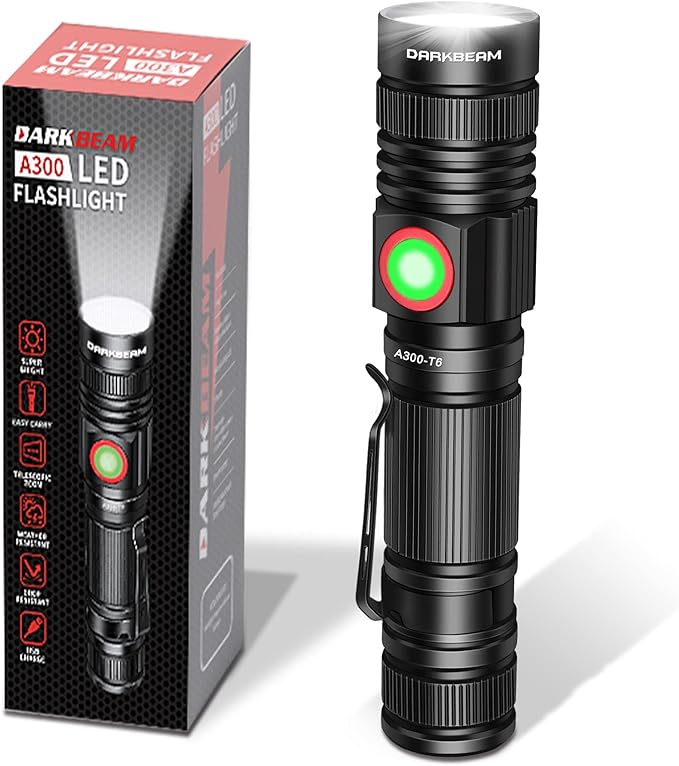 DARKBEAM LED Flashlight Rechargeable USB 2000 High Lumens, Small and Bright Pocket Flashlights, Focus Adjustable Water Resistant Handheld Flash Light for Camping, Outdoor, Emergency