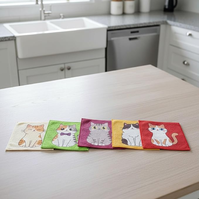 8-Pack Ultra-Fine Microfiber Kitchen Towels, 7-Inch Square with 8 Clips & Multiple Patterns – Soft, Absorbent, Reusable Cleaning Cloths (Cats)