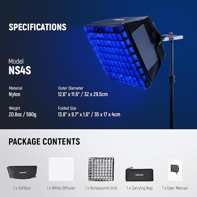 NEEWER Upgraded Softbox Diffuser for NL660 RGB660 PRO II LED Video Light Panel, 12.6"x11.6" Foldable with Grid/Bag/Blackout Hood, No Need to Remove barndoors Quick Set Up for Soft Light, NS4S