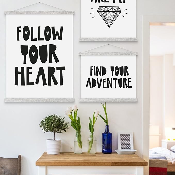 Benjia Magnetic Poster Hanger, 9x12 9x14 9x17 Poster Frame Wood Wooden Magnet Print Posters Dowel Scroll Hanger Hangers Hanging Kit for Walls Map Canvas Artwork (Grey, 9")