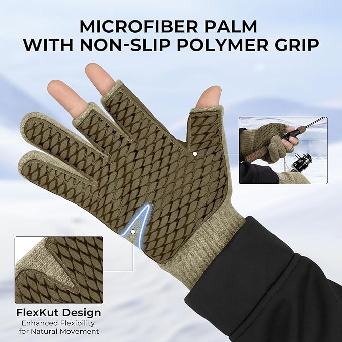 KastKing Bully Wooly 3-Cut Fingerless Wool Fishing Gloves, Cold Weather Warm Winter Gloves for Men & Women, Ice Fishing