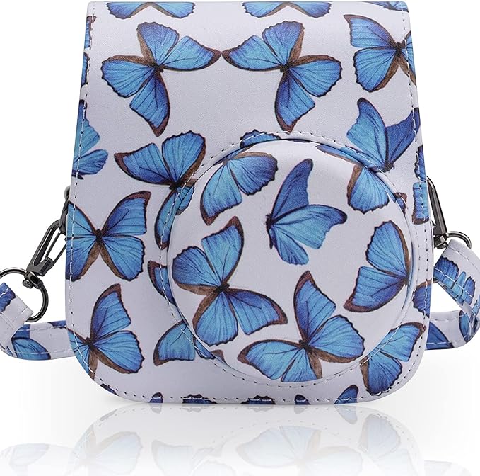 Frankmate PU Leather Camera Case Compatible with Fujifilm Instax Mini 11 12 Instant Camera with Adjustable Strap and Pocket (Butterfly)