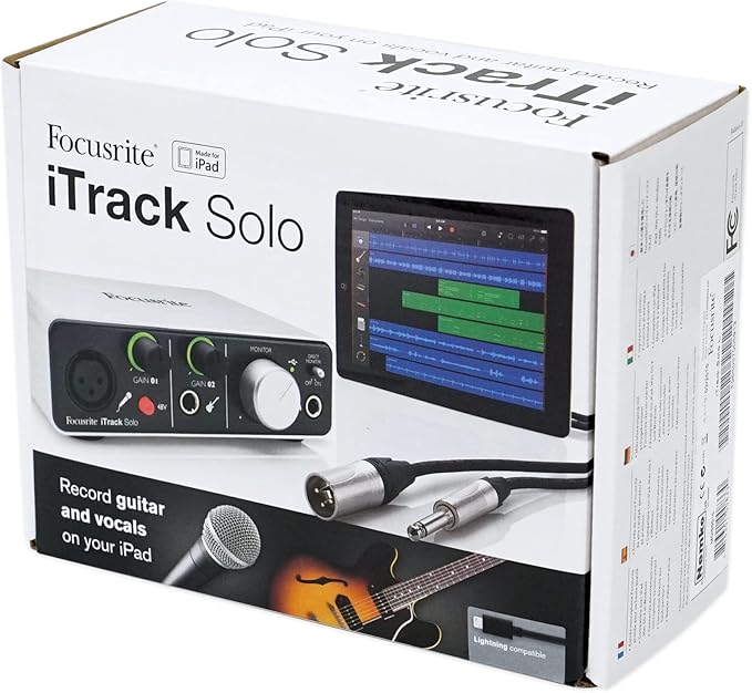 Focusrite iTrack Solo Audio Interface for Mac, PC, and iPad – USB Audio Interface for Recording, Streaming, and Podcasting with XLR, Line-in, and Professional Software included