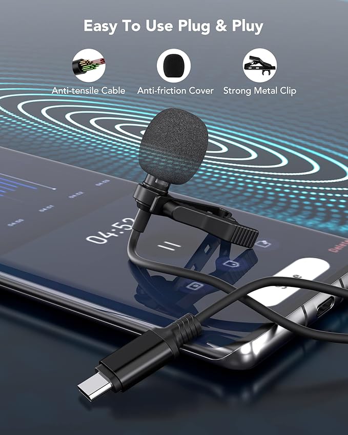 Lavalier Microphone USB C Professional Lapel Clip-on Mic Omni Condenser Little Lav Mic for Video Recording External Noise Cancel for Youtube Vlog ASMR Interview on Android Type-C Device (6.6ft)