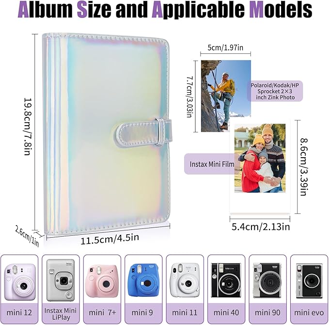 Riosin 108 Pockets Mini Album Compatible with Fujifilm Instax Mini film, Suitable for Instax Mini 12/11/7+/9/Evo/Link 2, 2x3"Photo Album for Canon ivy 2 Kpop Photocard (Magic Silver)