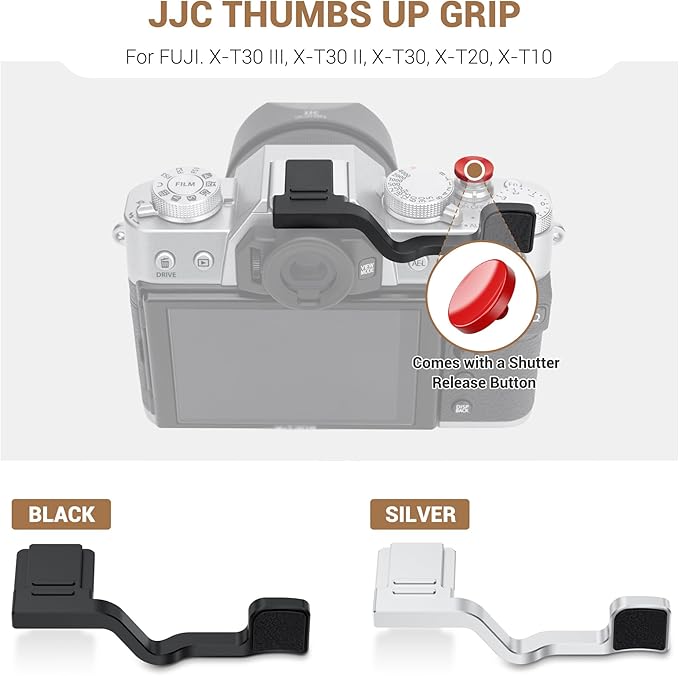 JJC Metal Thumb Grip & Soft Shutter Button for Fuji Fujifilm X-T30 III X-T30 II XT30 III XT30 X-T20 X-T10 Mirrorless Camera, Hot Shoe Cover Protector Thumb Rest for Stable Safe Hand Hold, Silver Color