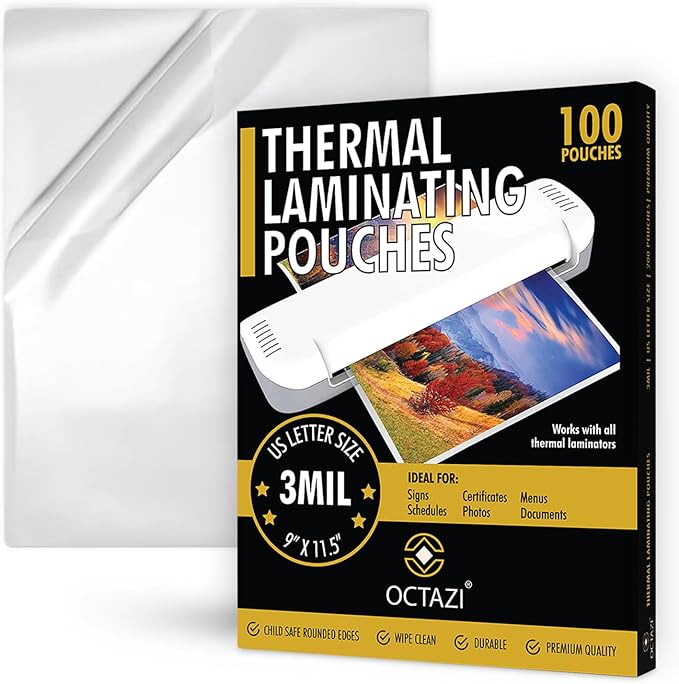 Thermal Laminating Sheets 3 Mil – Holds 8.5 x 11 Inch Documents, 9 x 11.5 Inch, Pack of 100 Lamination Pouches with Round Corners, Clear Glossy Thermal Laminating Paper