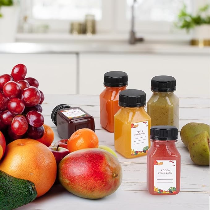 OBKJJ 40 pcs 4oz Pcs Juice Bottles, Juice Bottle with Caps Reusable Empty Clear Bottles with Label, Funnel, Brush Bulk Beverage Containers for Juicing, Drinking, Smoothie and Other Beverages (4-OZ)